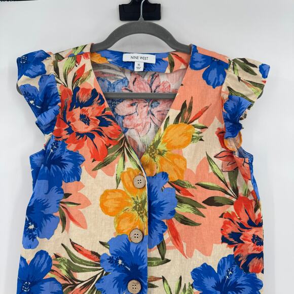 Nine West Womens XS Multicolor Floral Linen Flutter Cap Sleeve Button Blouse Top - Picture 4 of 10